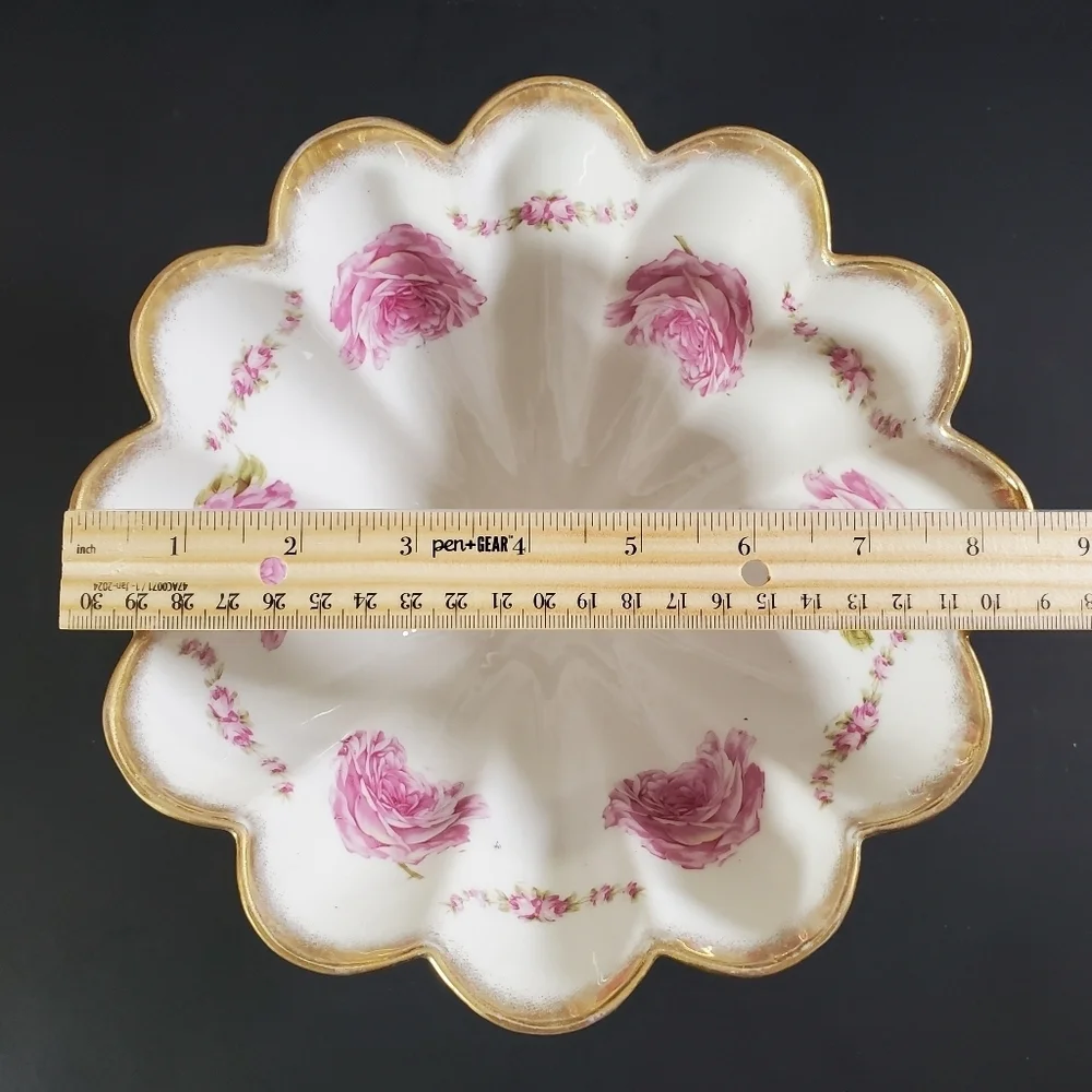 Kuna Steinmann Bridal Rose Footed Pedestal Bowl Gold Trim Germany Vintage